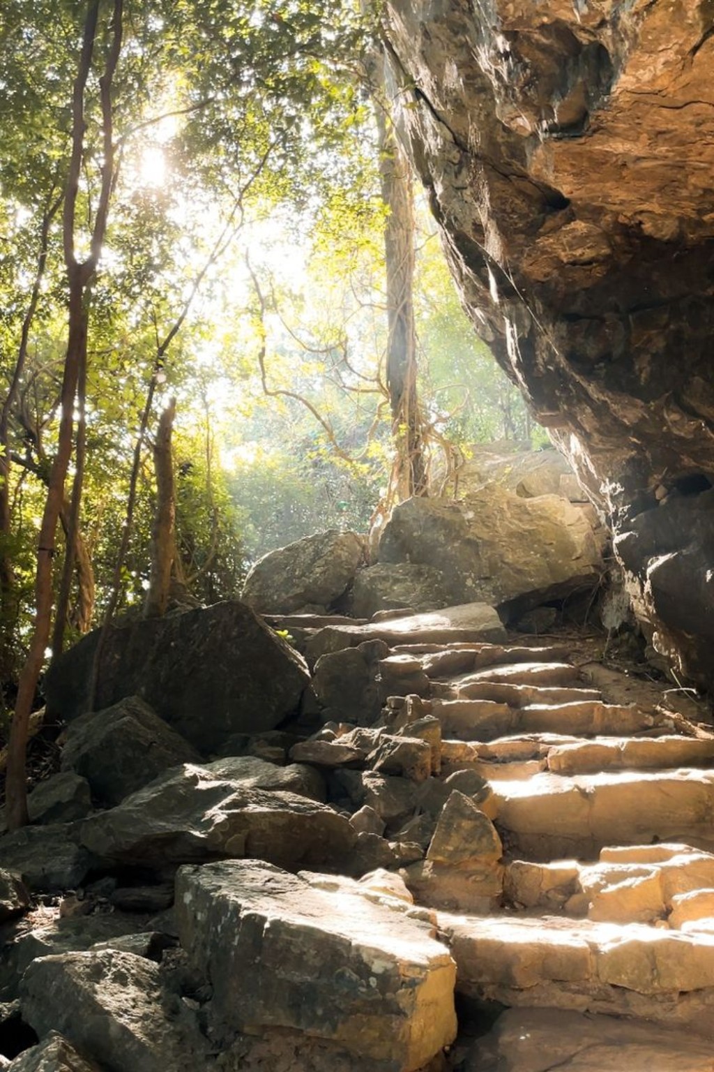 Stone steps and natural rock path climbing through forest at Pidurangala